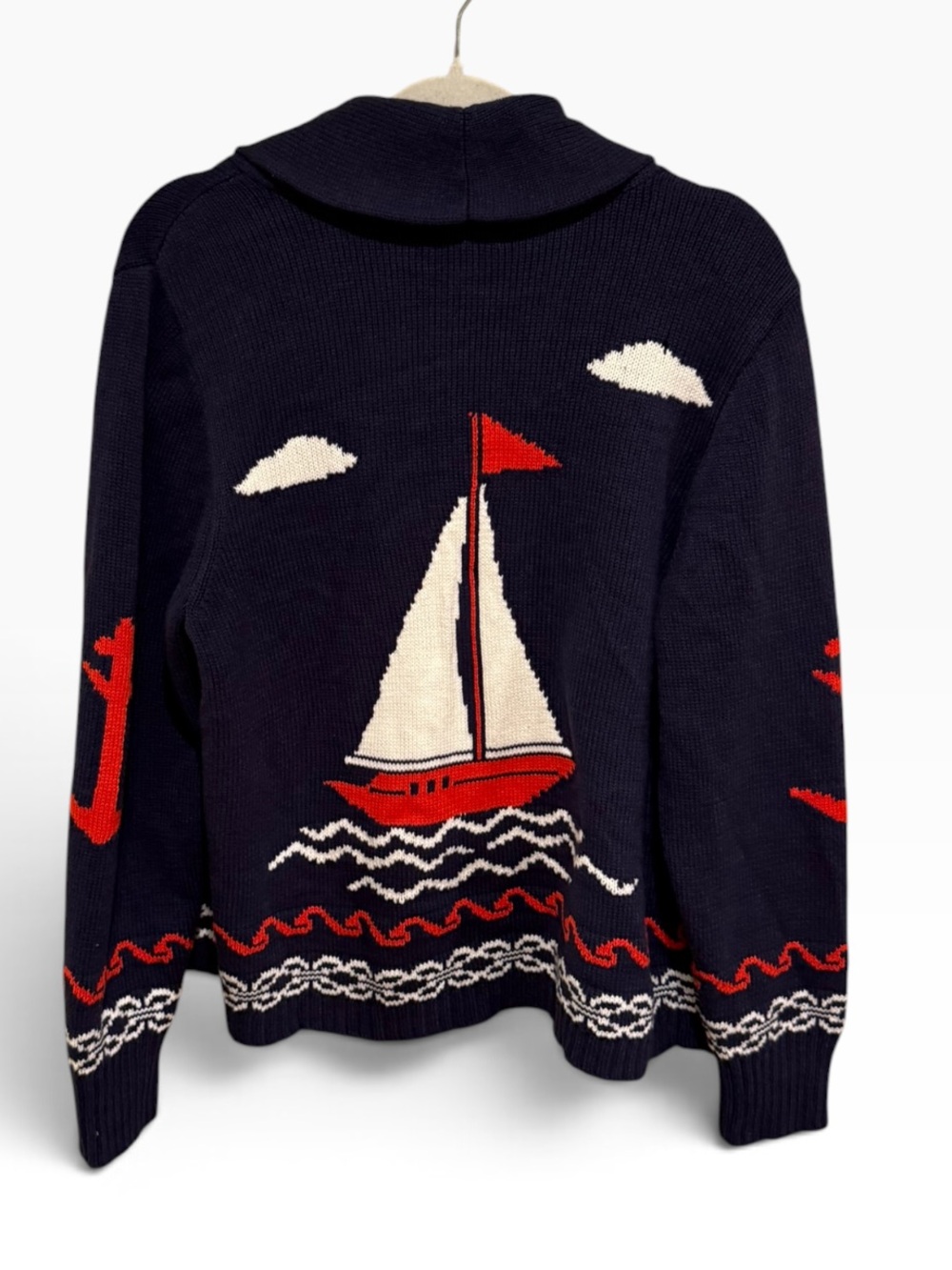 NWT Marled Nautical Navy Red Cream Sailboat Intarsia Cardigan - Size Medium
